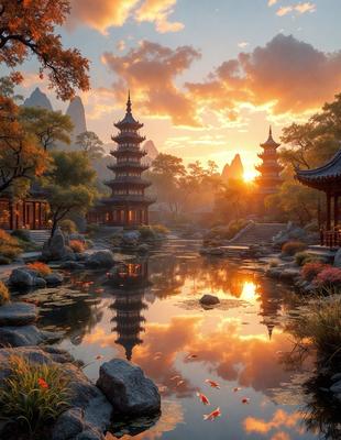 Primary subject: A serene pond with a reflection of a pagoda and a sunset in the background.

Setting/background: The pond is surrounded by a beautiful landscape with mountains in the distance. The sun is setting, casting a warm glow over the scene.

Visual style: The image is a digital artwork, featuring a harmonious blend of natural elements and architectural structures.

Colors and mood: The colors in the image are predominantly warm and earthy tones, creating a peaceful and tranquil atmosphere.